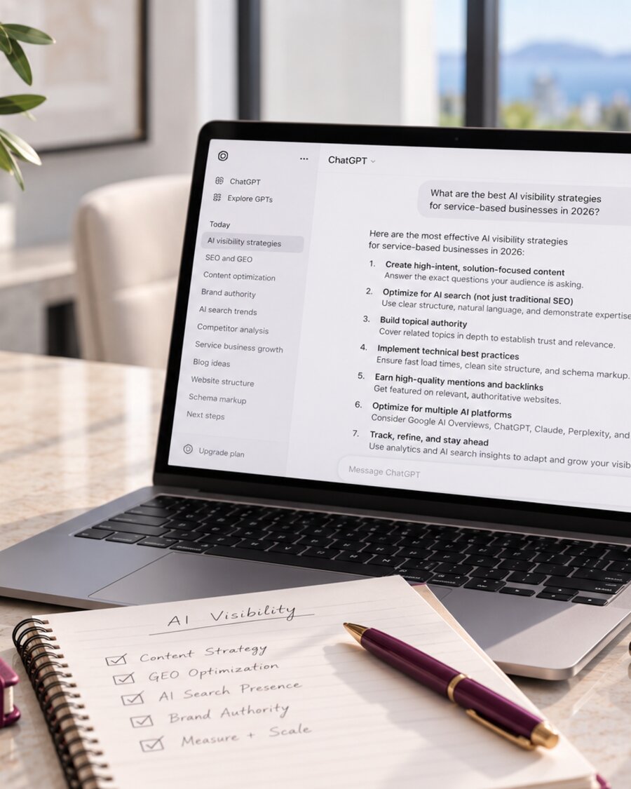 Laptop showing AI visibility research alongside a strategy notebook